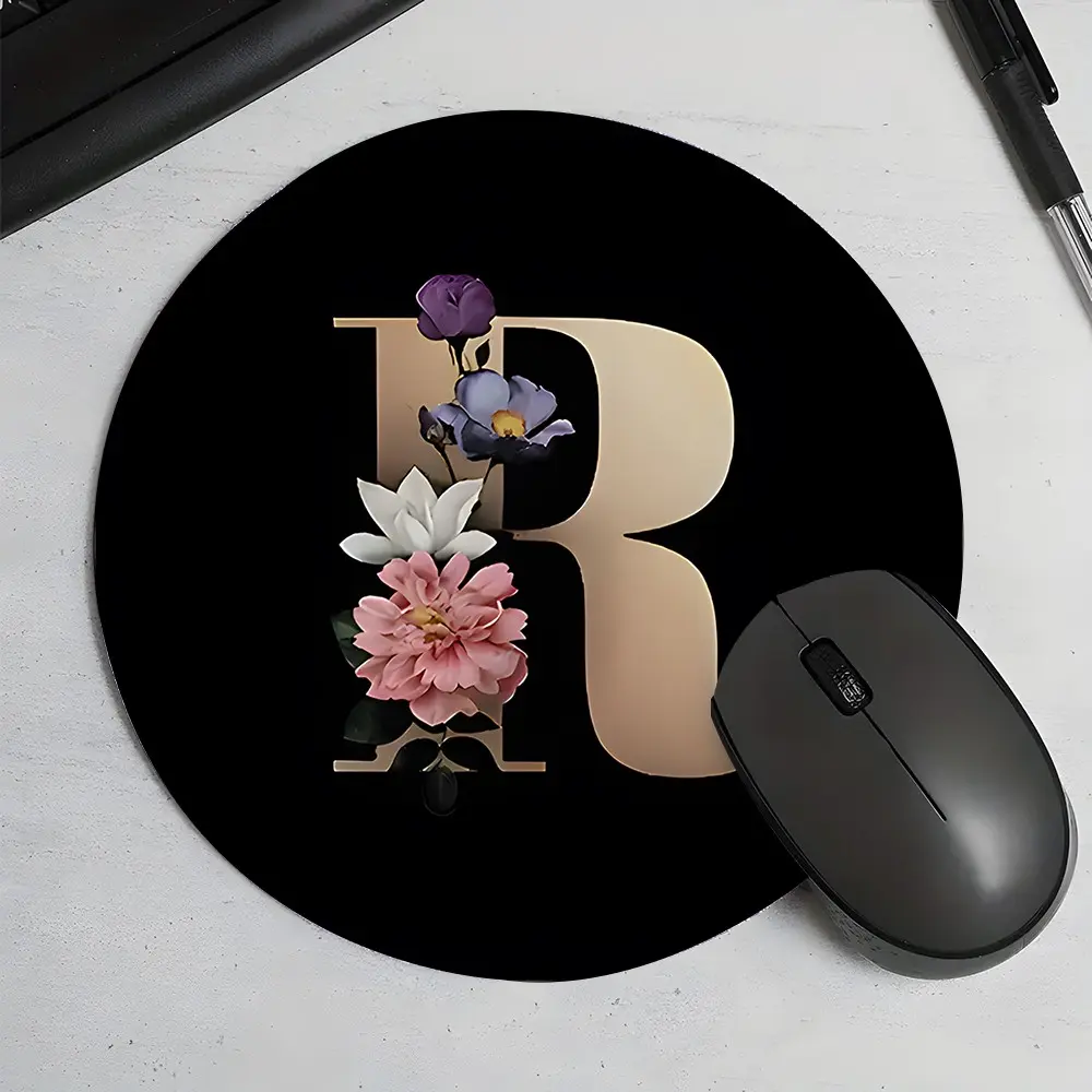 Black-Gold Floral Letter R Round Gaming Mouse Pad, Universal Mouse Pad, Non Slip Mousepad, Desktop Decoration Protection Pad, Non-Slip Rubber Lock Edge Small Size Pad, Suitable For Laptops And Desktops, Custom Gift For Family And Friends, Desk Accessories