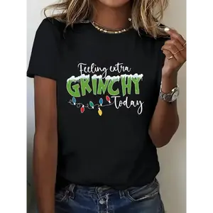 Women's Plus Size Graphic T-Shirt - .Seuss Inspired Christmas Design With "Feeling Grinchy Today" & Heart Print, Comfortable Medium Stretch Crew Neck Short Sleeve Casual Top, Relaxed Fit For Casual Attir Golf Gift T-Shirt For Men And Women
