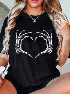 100% Cotton Unisex Skeleton Hands Heart Sign Retro Halloween Costume Women Girl T-Shirt