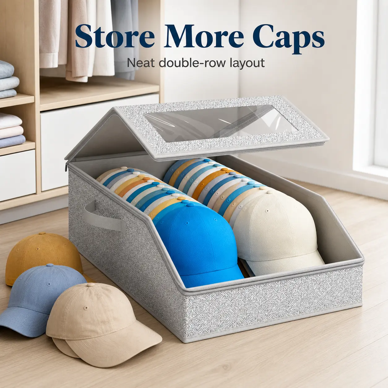Foldable Cap Storage Box with Transparent Lid with Zip, Double-Row Stackable Home Organizer, Reinforced Cardboard Support, Carry Handles, Hook and Loop, Closet Storage Bins, Car Trunk Dustproof Holder for Baseball Caps, Snapbacks, Beanies, Bedroom