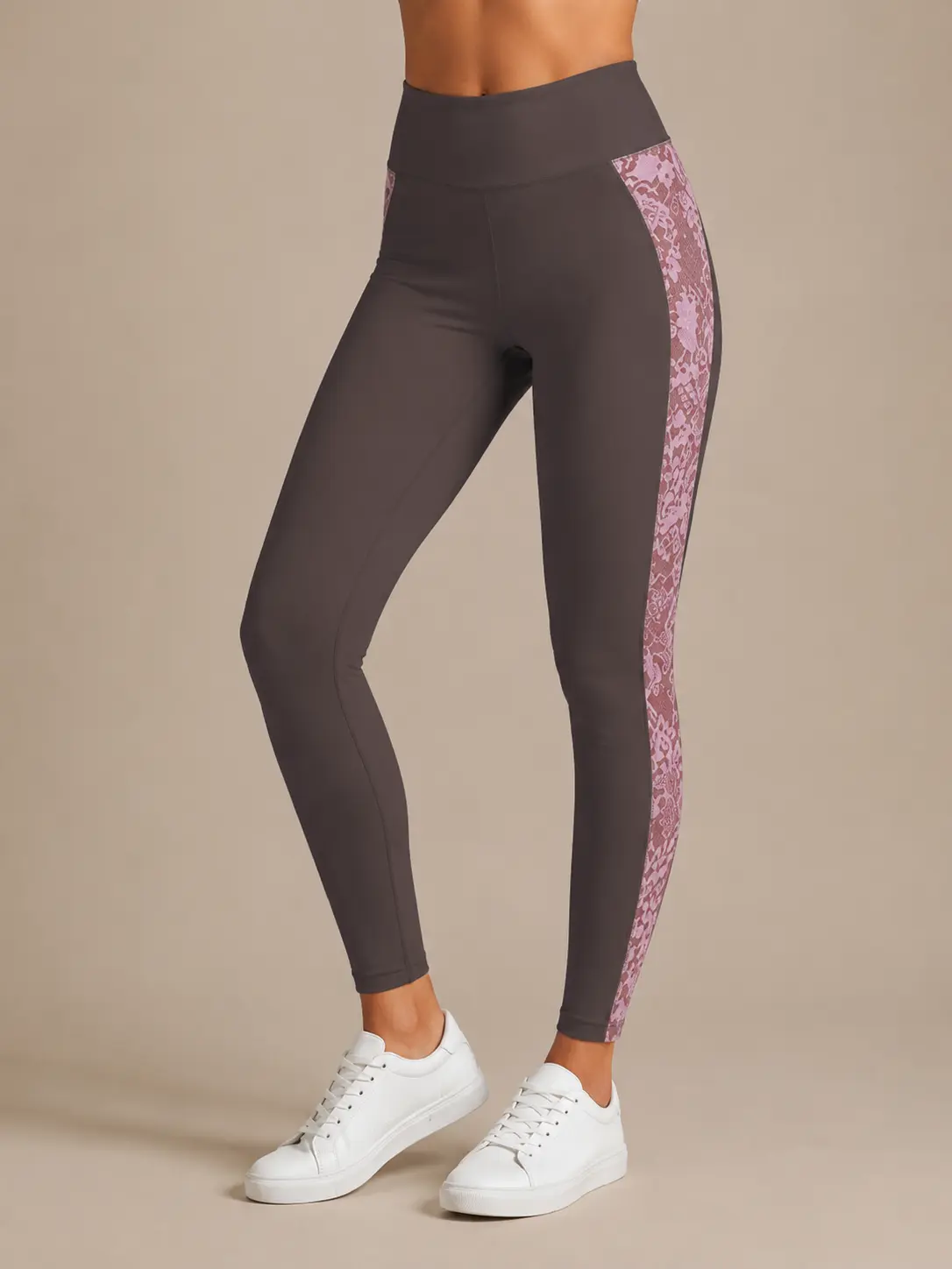 High Waist Floral Lace Side Panel Yoga Leggings, 4-Way Stretch Soft Slim Ankle Tummy Control Workout Leggings for Women