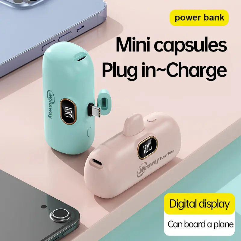 Winsway 5000mAh Mini Portable Charger with Built-in Type-C Plug, Fast Charging Compact Power Bank with LCD Display, Upgraded Metal Connector Pocket Charger Compatible with iPhone 17 16 15 Pro Max, iPad Pro, Android Phones, Ideal Festival Gift