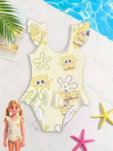 Girls' one-piece swimsuit "SpongeBob Milk Yellow Cute Style" features a milk yellow base with cartoon prints and a ruffled design, sweet, cute and energetic, summer pool/ beach outfits, Ruffle trim swimsuit