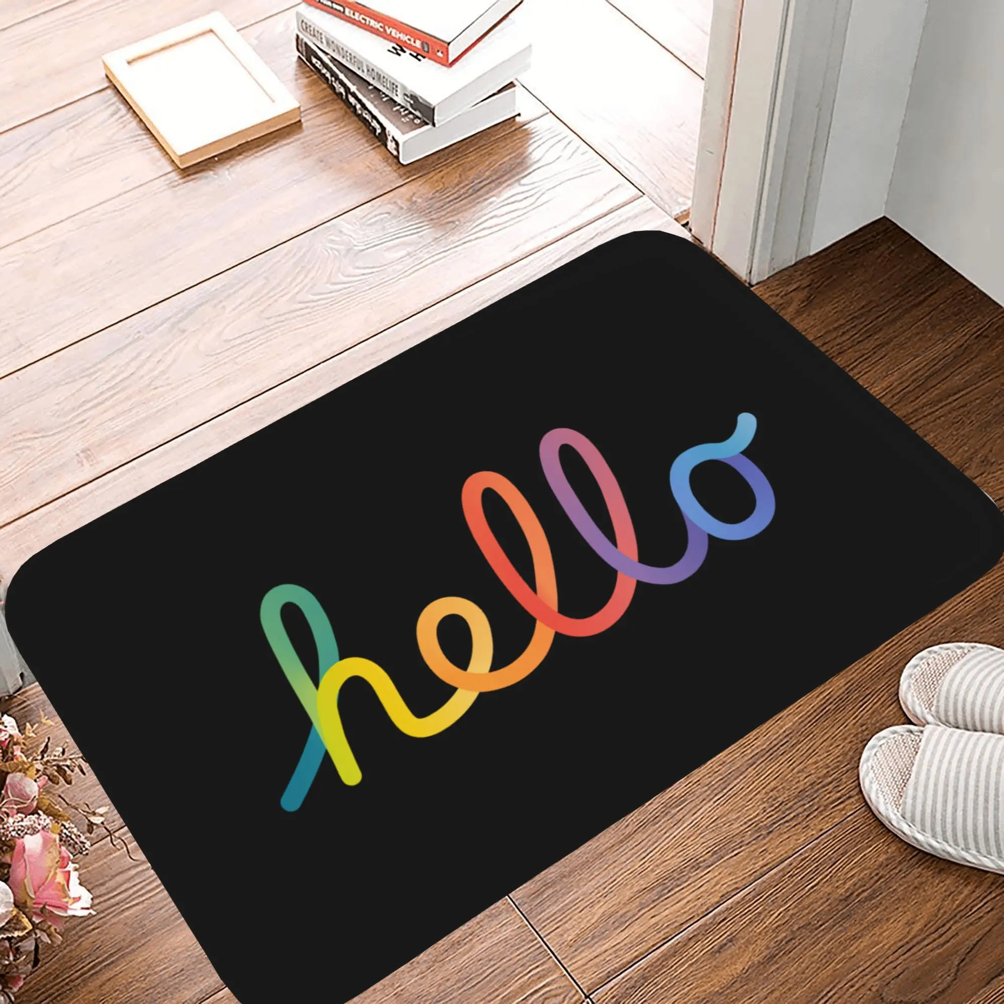 Colorful Hello Doormat, Rainbow Welcome Mat for Front Door, Low Profile Entryway Rug, Absorbent & Easy Clean Floor Mat Decor