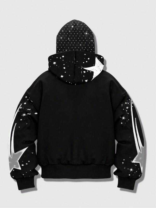 Men's Street Style Rhinestone Decor Hoodie With Two Hat, Windproof Jacket with Pockets and Zipper Design, Fall & Winter Wear