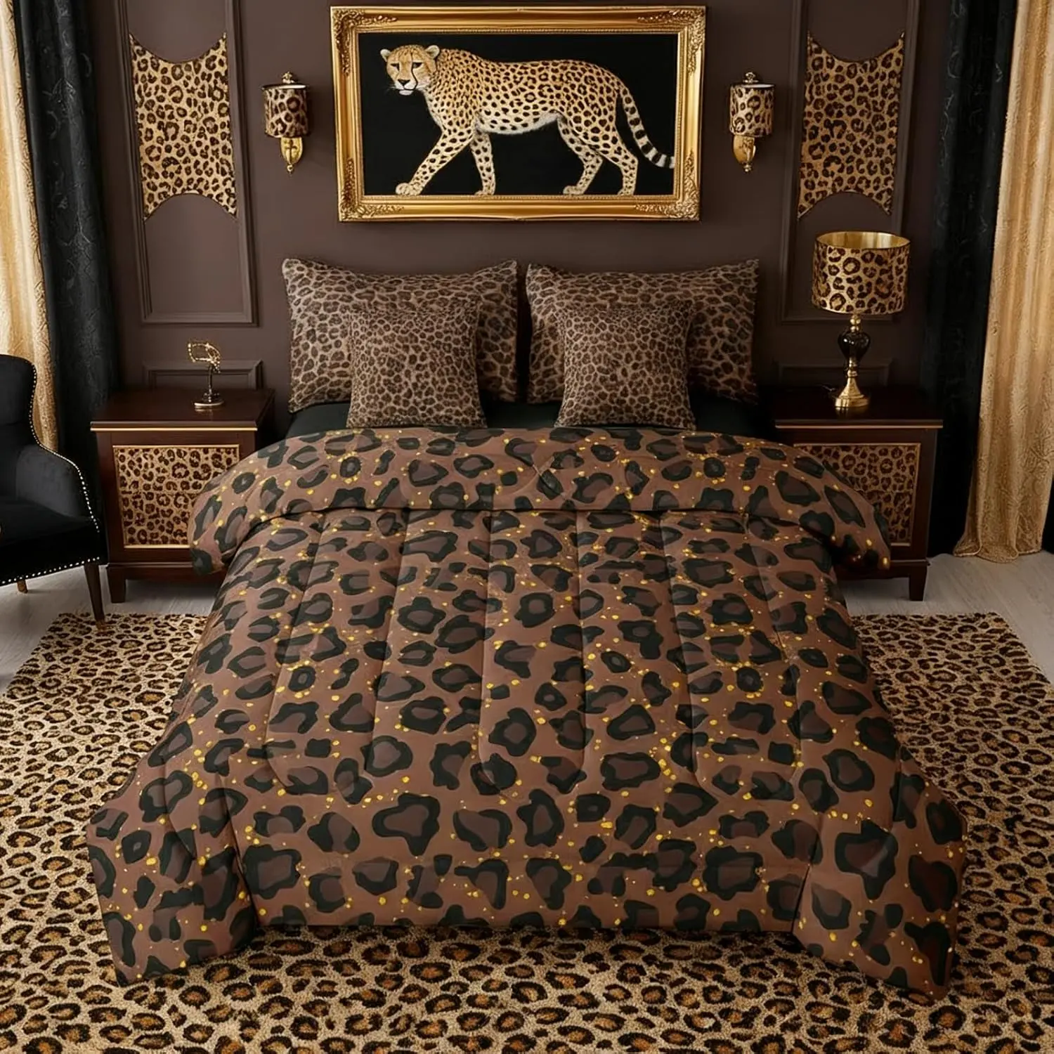 Black Brown Leopard Print 7 Piece Bedding Set Cheetah Print Bed in A Bag Africa Animal Wildlife Comforter with Sheets Farmhouse Wild Animal Bed Sets