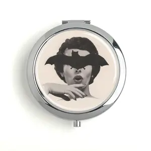 Vintage Bat Face Lady Metal Pill Box Travel Pill Box Vitamin Organizer Built-in Makeup Mirror Unique Design Inner Diameter 60mm