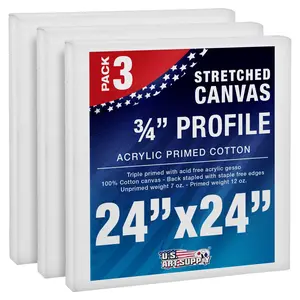 24 x 24 inch Stretched Canvas 12-Ounce Triple Primed, 3-Pack - Professional Artist Quality White Blank 3/4" Profile, 100% Cotton, Heavy-Weight Gesso
