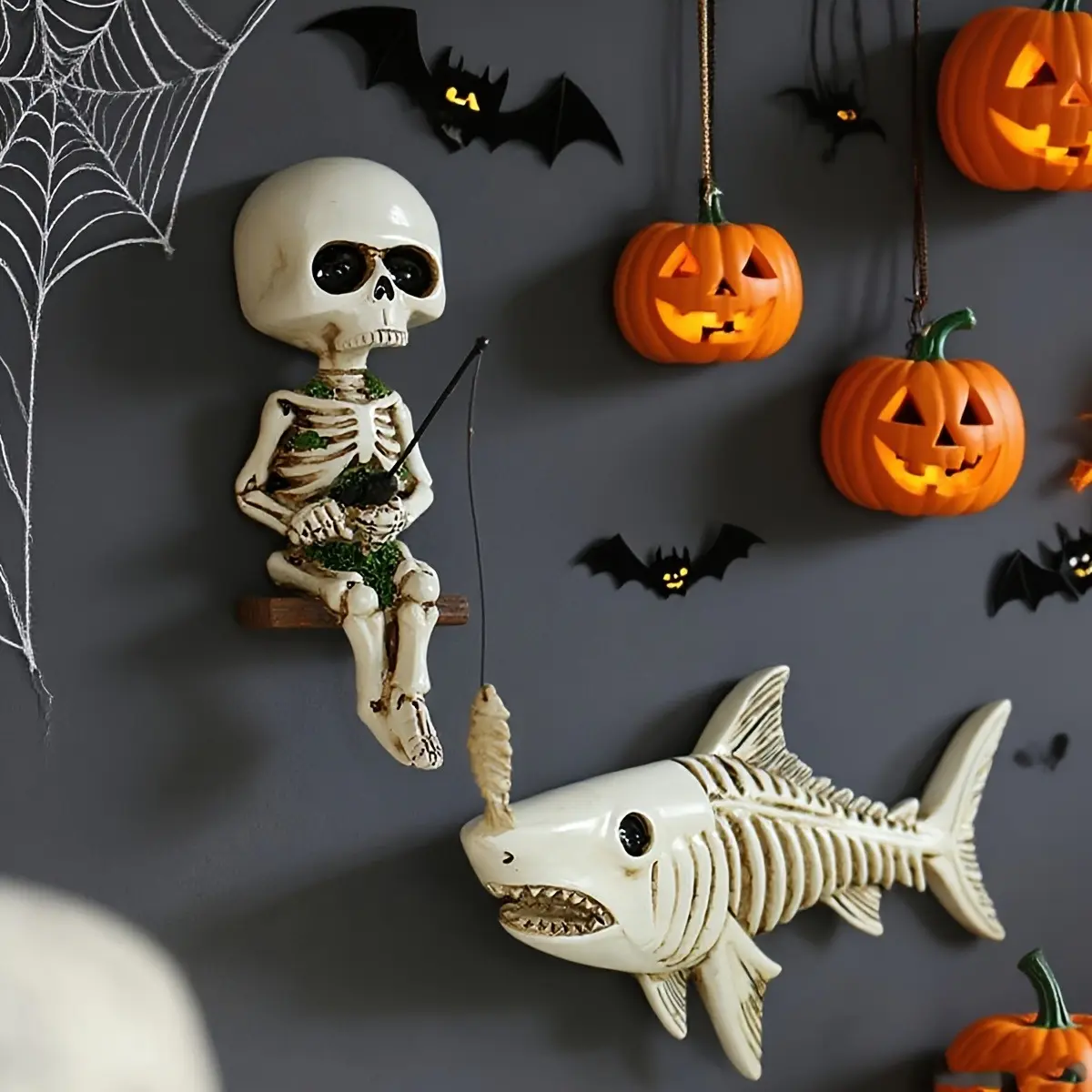 Skull Fishing Shark Wall Sculpture Set of 2 - 3D Resin Skeleton Fish Bone Art for Home Decor - Ideal for Halloween Room Display, Office Window Accent, and Creative Fish Tank Ornaments - Unique Spooky Gift
