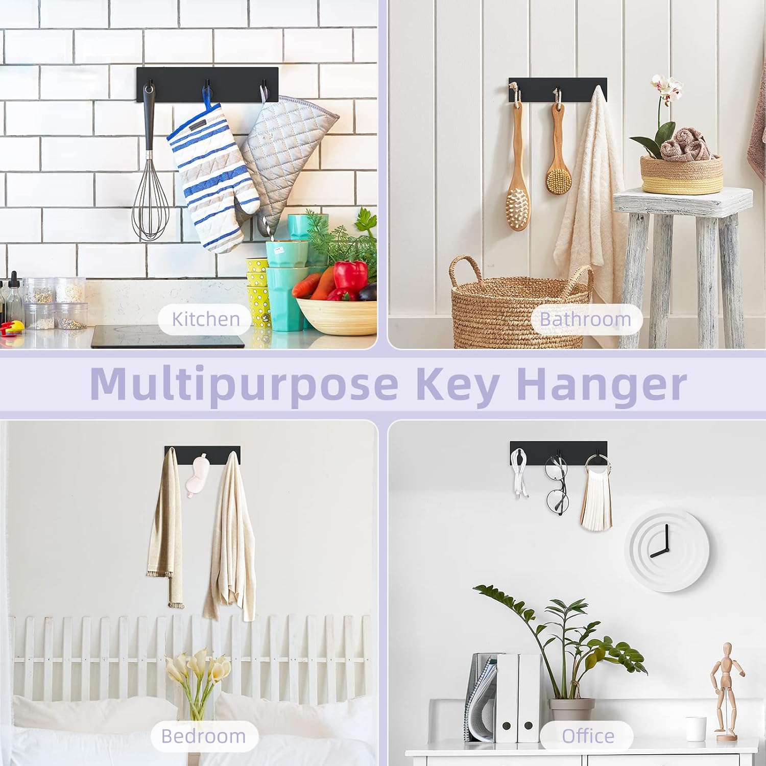 Key Holder Wall Mount, Small Metal Self Adhesive Key Hanger with 3 Hooks, No Drilling, Extra Adhesive Strip, Black