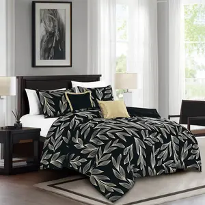 Black Gold Jacquard Comforter Set 5 Piece, Modern Leaf Pattern Luxury Bedding – Queen, King, Cal King