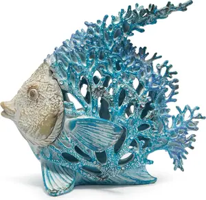 Sea Coral Fish Figurines Decoration Summer Beach Coastal Decor Coral Reef Angelfish Home Office Desk Decor Statues for Tabletop Shelf Bathroom Decoration Ornament Gifts for Mom (Blue)