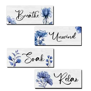 Flower Pattern Bathroom Wall Art, Wooden Wall Art, 4 Counts/set Rustic Farmhouse Bathroom Wall Decor, Wood Hanging Sign for Home Office Spa Bathroom Laundry Kitchen Decor, Ornaments
