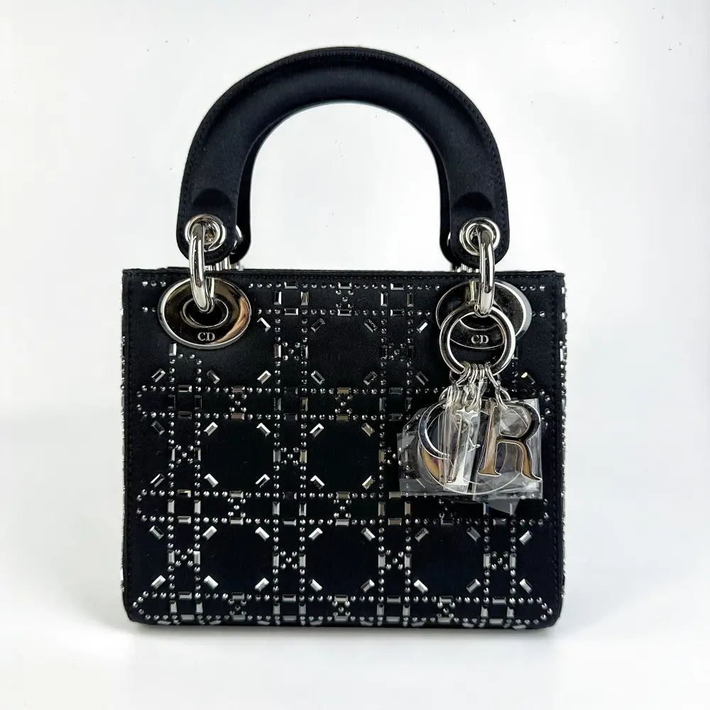 Pre-owned Dior Mini Lady Black Satin Crystal Cannage Handbag【858】