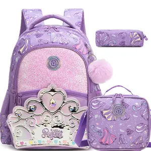 Girls' 3-Piece Purple Crown Backpack Set, Glitter School Bag for Kids smooth zipper