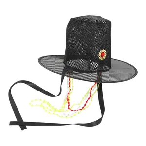 Korean Traditional Mesh Hat, Vintage Style with Beaded Chain and Ribbon, Wide Brim Costume Cap for Stage Performance