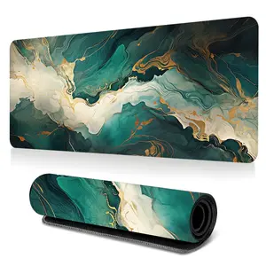 Emerald Green And Gold Marble Fluid Art Large-Sized Gaming Mouse Pad, 3mm Thickened Luxury Abstract Desktop Protection Pad, Anti-Slip Rubber Lock Edge High-Definition Printing, Suitable For Computers, Laptops, Offices, Homes, Schools, Great Gift