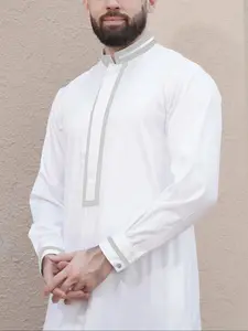 Muslim Men Stand Collar Robe, Modesty Thobe, Light Embroidered Placket Sleeves, Middle Eastern Ethnic Style Luxurious Daily Wear