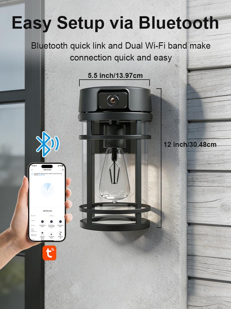 Outdoor Porch Light Security Camera, 2K HD Live View Wi-Fi Human Detection, Pan & Tilt, Two-Way Talk, Cloud/SD Storage, Waterproof, Built in Dusk to Dawn Outdoor Lighting, Outside Wall lamp For House Garage Front Door, Works with TUYA