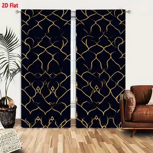 2D Flat  2-Pack Gold & Navy Blue Geometric Curtain Set, Art Deco Islamic-Inspired Ornate Pattern, Decorative Interwoven Lines Seamless Background, Elegant Dark Blue with Golden Accents Curtains for Living Room Bedroom