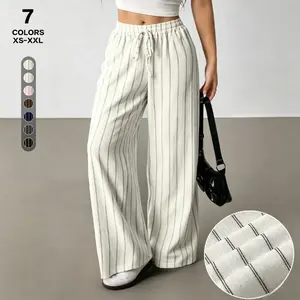 TFNOSIZE Women's Fashion Striped Textured Wide-Leg Pants - Women's Bottoms, Elastic Drawstring High Waist, Fabric Casual Long Trousers with Pockets for Summer Vacation