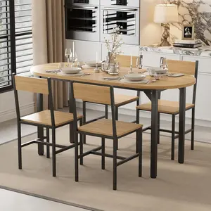 5PCS Black Dining Table Set, Oval Kitchen Table and Chairs for 4, Modern Kitchen Table with 4 Chairs, PB/MDF & Steel Frame, 63" x 27.5" Dining Set