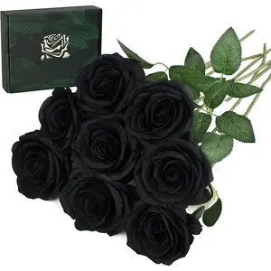 8 count Artificial   Silk Black Roses Bulk, Faux Real Touch Roses Bouquet with Long Stem for Wedding Party Home Decor (Black)