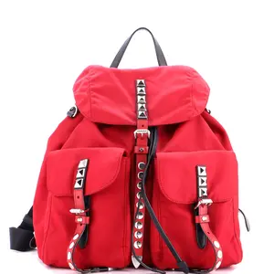 Pre-owned PRADA Nylon Backpacks New Vela Backpack Tessuto with Studded Leather by Rebag