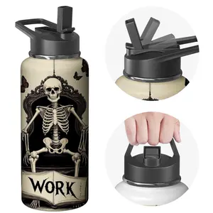 Skeleton Design Water Bottle with Black Lid and WORK Text - Stainless Steel Insulated Bottle for Gym, Office, Outdoor Activities