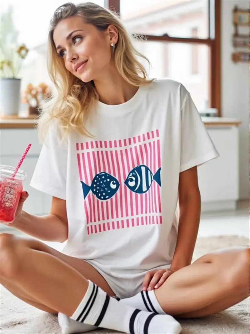 Cute Two Blue Fish Graphic T Shirt Women Pink Striped Frame Print Casual Summer Crewneck Short Sleeve Tee