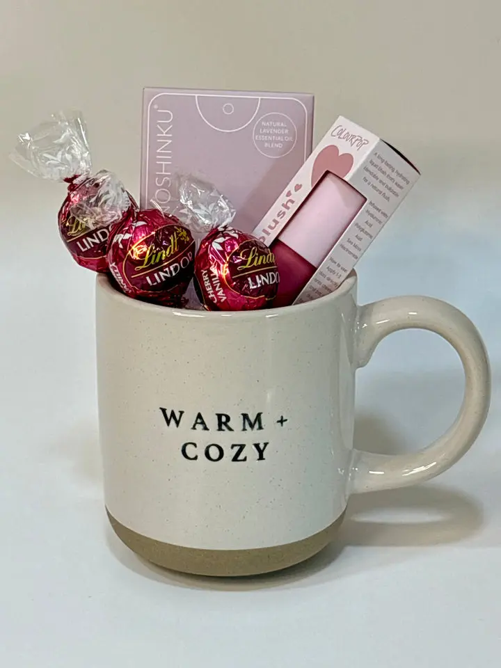 Warm & Cozy Valentine Mug Gift Set - Includes Coffee Mug, Hand Sanitizer, Liquid Blush, and Lindor Chocolate Truffles - Perfect for Valentine's Day