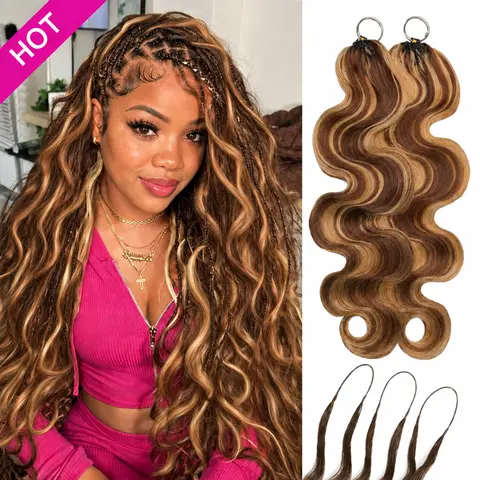 Asakiss P4/27 Highlights Human Hair Wavy Body Wave Crochet Hair for Women - Burmese Curly Miracle Knots, Pre-Separated Chocolate Brown, 50g/Pack Reusable Invisible, for Boho Braids & Protective Styles, 4-5 Packs for Full Head
