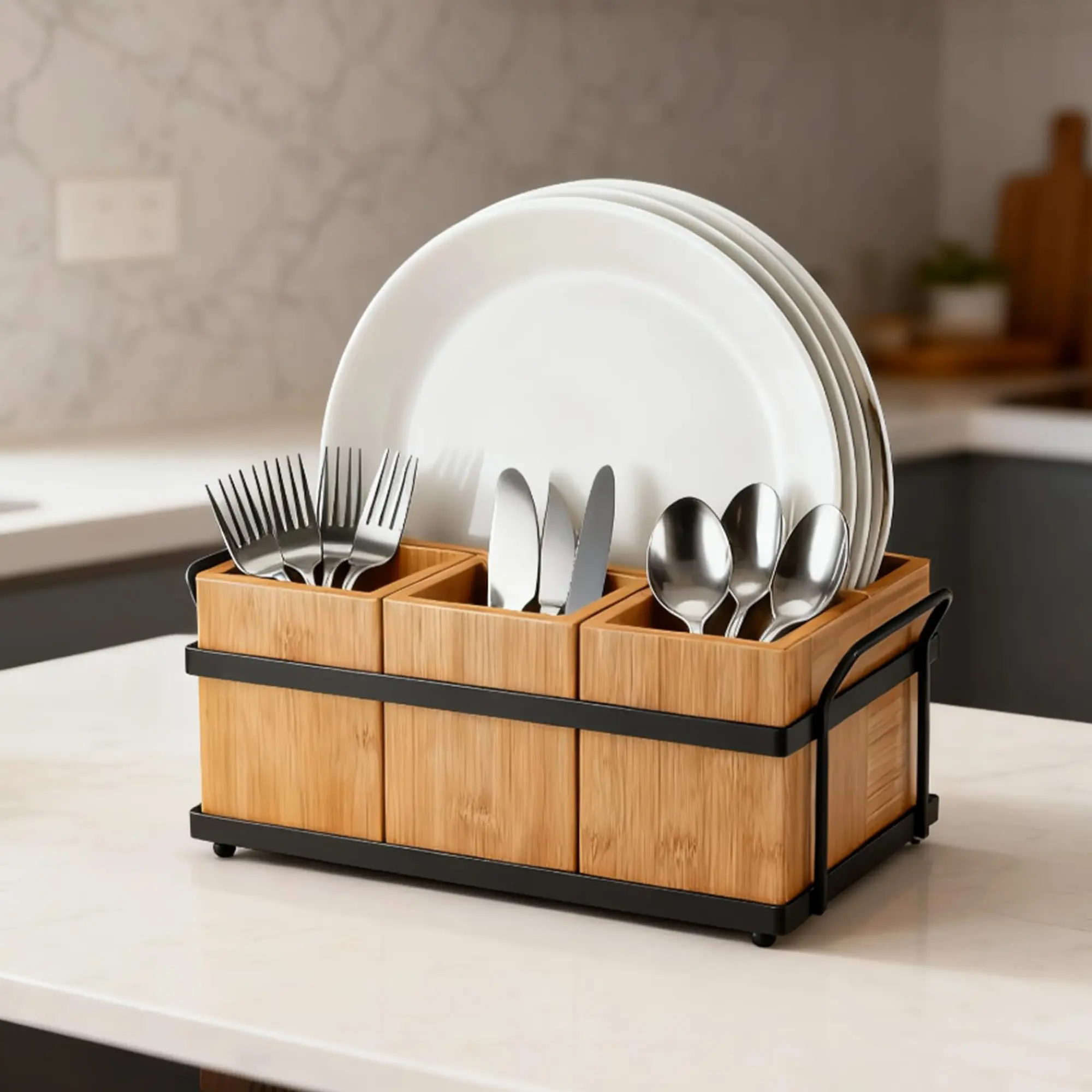 4-In-1 Bamboo Utensil Caddy with Removable Divider, Iron Frame Wooden Tubs Portable Organizer for Kitchen Dining BBQ Picnic and Camping