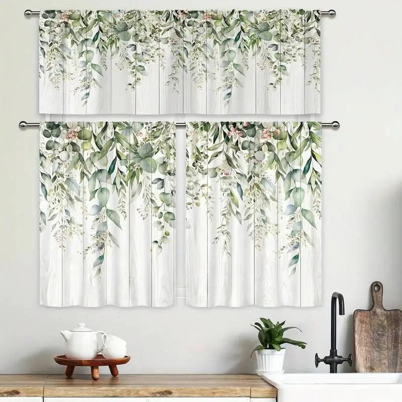1/2/3pcs Sage Green Eucalyptus Leaves Kitchen Curtains And Valance Set 3pcs Kitchen Curtains Sets, Watercolor Flower Plant Rod Pocket Valance And Curtain Set, Office Living Room Bedroom Dining Room Home Decor