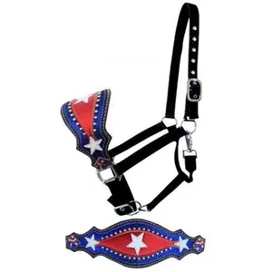 Adjustable Red White & Blue Nylon Bronc Halter w White stars Crystal rhinestones