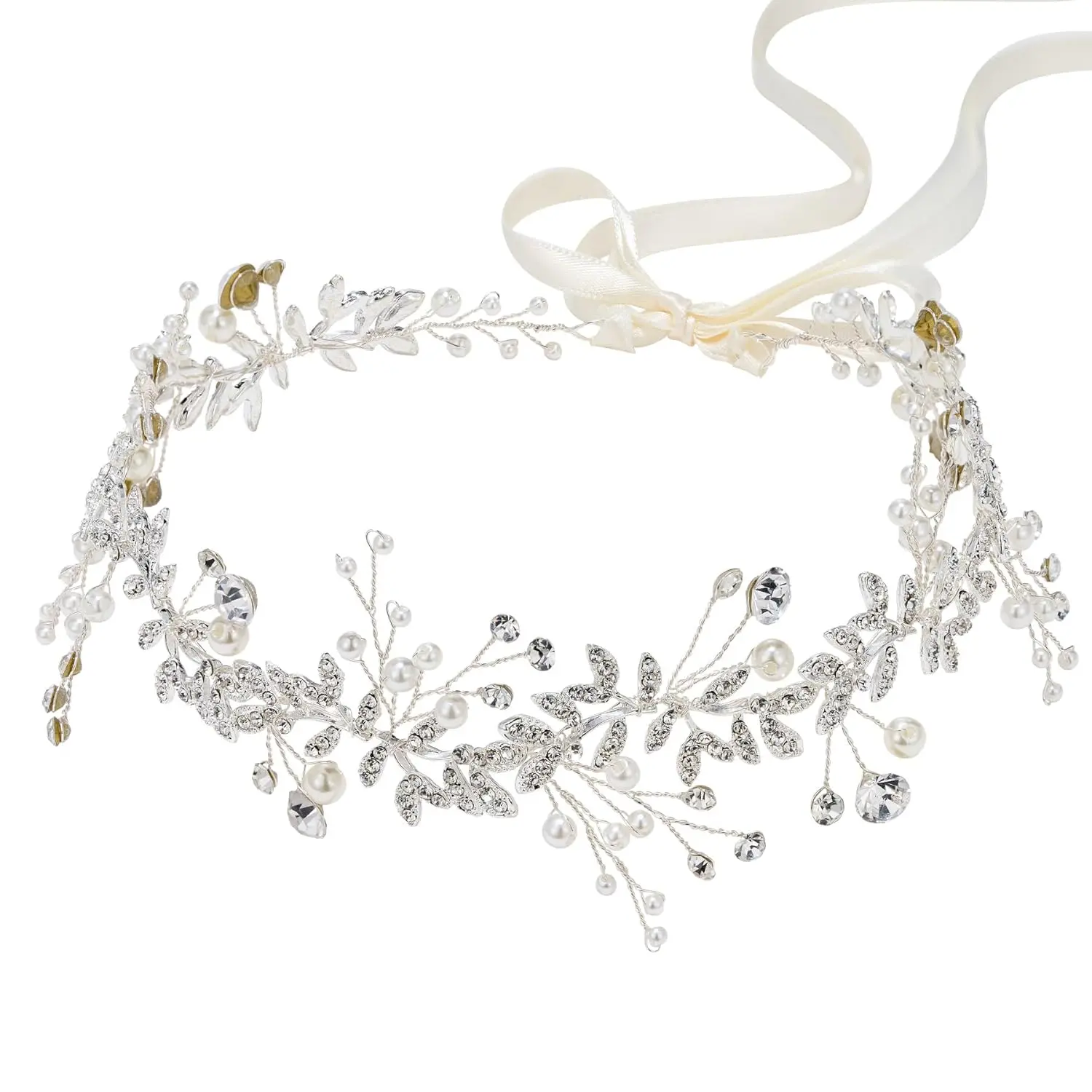 Crystal Bridal Headpiece Silver Wedding Headband for Brides Pearl Hair Vine Rhinestone Hair Accessories for Women