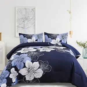Queen Comforter Navy Blue Floral Comforter Sets - Microfiber Comforter for, 3 Botanical Flowers Comforter, Pillowcases