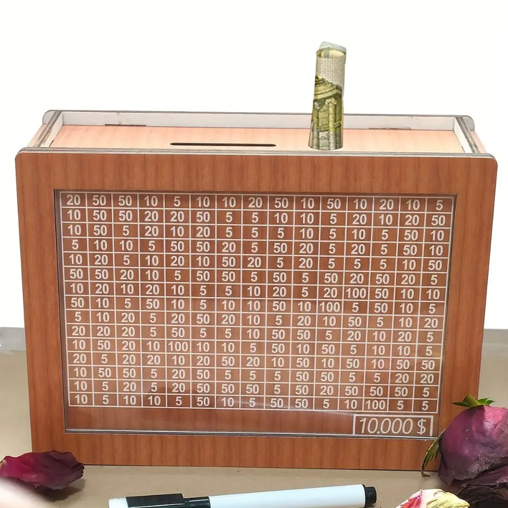 Wooden savings box that perfectly combines cash and monetary goals, for a savings target of $10,000 - the best gift for friends Cash Coin Jar Coin Piggy Bank