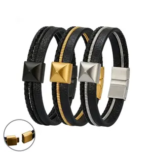 Multi-Layered Braided Bangle - Unisex Vintage-Style Stainless Steel Clasp Geometric Punk Bracelet for Daily Wear
