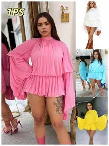 Women's Lazy Casual One-Piece Shorts, Round Neck Long Sleeve Loose Flower Bud Design, Elegant Pleated Top Dress, Comfortable Home Wear