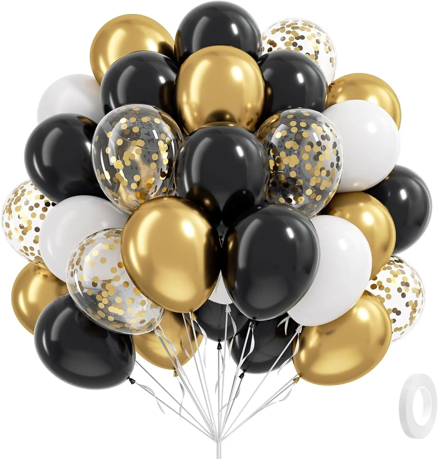 Black White and Gold Balloons - 60pcs 12inch Metallic Balloons for Anniversary, Birthday Party, and Decorations