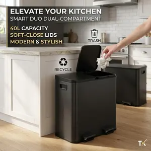 Garvee Dual Compartment Kitchen Trash Can 30L – Stainless Steel Step Pedal Bin – Two 15L Removable Buckets – Soft-Close Lids – Hands-Free Waste Separation & Recycling – Ideal for Home or Office