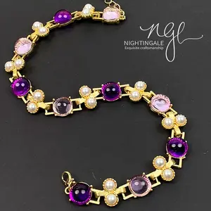 Elegant Purple Gem & Pearl Necklace with Gold Accents Perfect for Dinners Events & Special Occasions