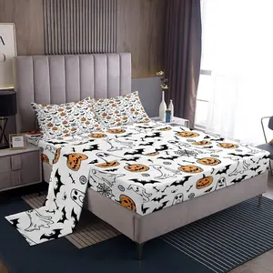 Halloween Sheet Set,Ghosts Sheets with Deep Pocket Fitted Sheet,Spiders Pumpkin Bed Sheets Set,Room Decor White