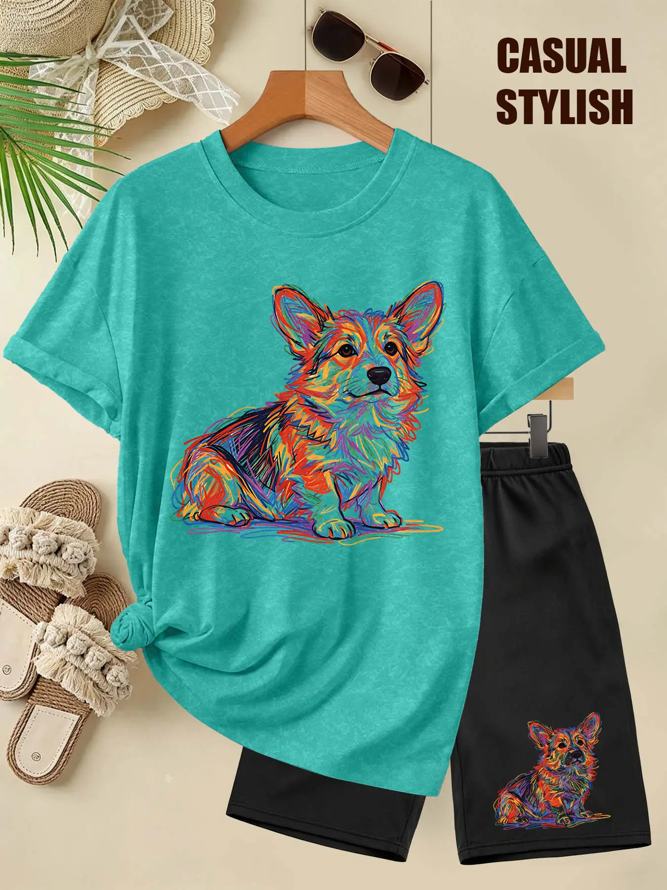 Women's Washed Two-Piece Set (T-Shirt + Shorts), Colorful Line Corgi Print, Multiple Colors Available, Machine Washable, Spring & Summer, Soft Skin-Friendly Fabric, Daily Versatile, Casual, Fashion Design, Round Neck