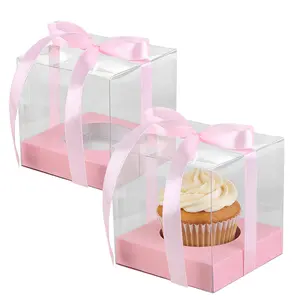 Mini Cake Boxes 3.54x3.54x3.54 inch Clear Food Grade Cupcake Holders Carrier with Inserts, Stackable Deep Cake Box for Birthday Holiday Party Bakery Supplies（Red/Pink）