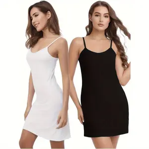 2 Pack Solid Color Cami Dress Women Spaghetti Strap Slip Dress Basic Tank Dress Casual Inner Wear