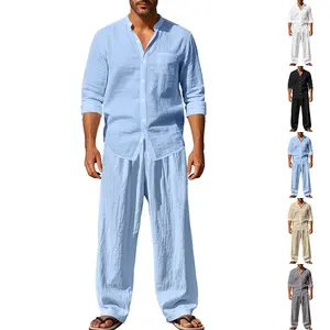 New summer men’s set: versatile solid-color stand collar casual long-sleeve top and pants; trendy loose, breathable minimalist long-sleeve long-pants men’s set. #SummerVibes #Father’sDayGift