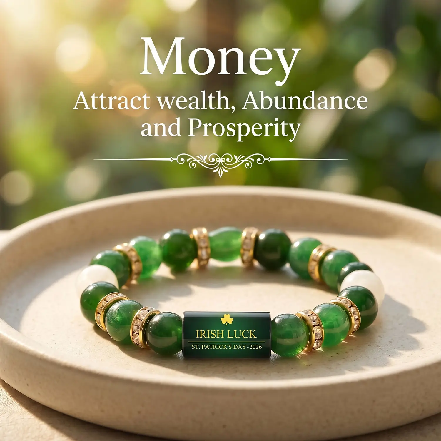 Sicbumi Irish Luck St. Patrick's Day Bracelet, Green Agate Lucky Clover Beaded Bracelet with Rhinestones, Money Attraction Luck Bracelet - Attract Wealth, Abundance and Perfect Good Luck Gift