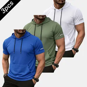 Men’s Short Sleeve Hooded T-Shirt, Casual Pullover with Kangaroo Pocket & Drawstrings